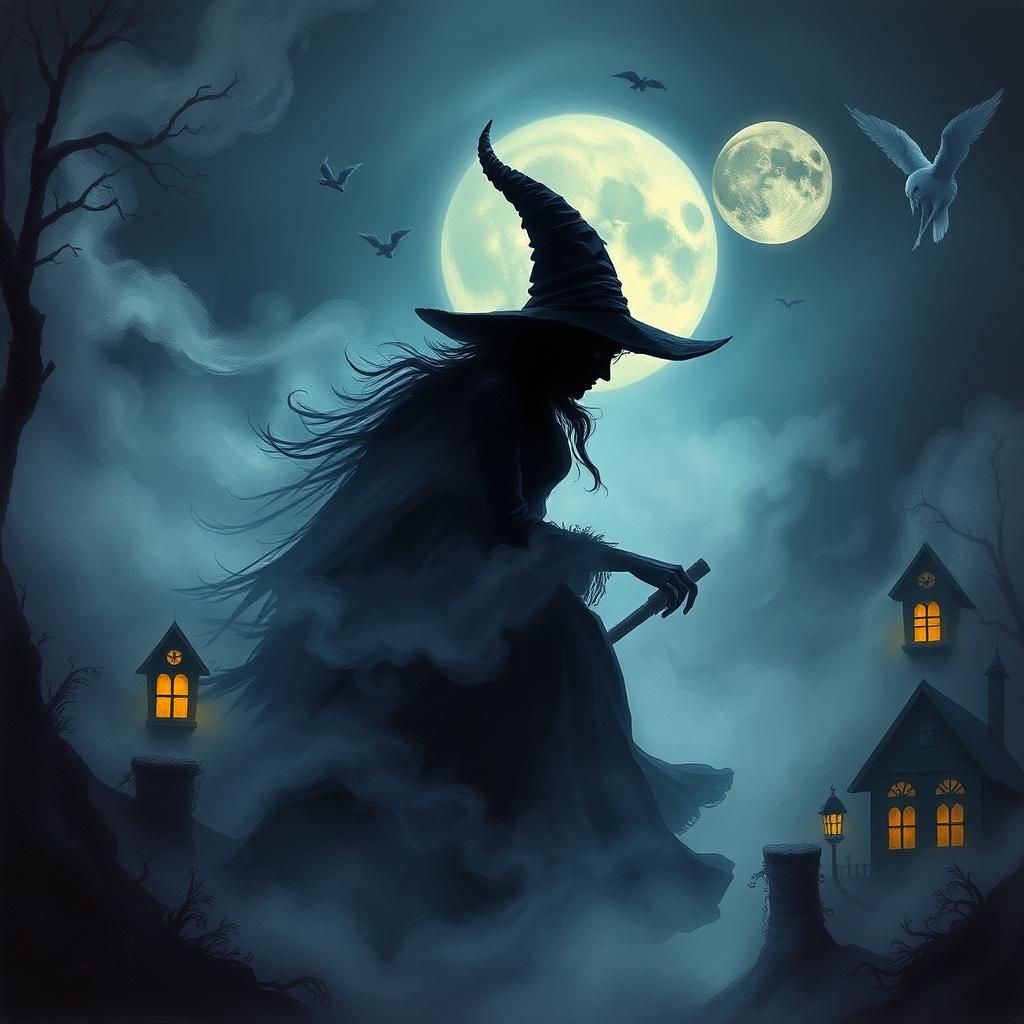 Wicked Witch Silhouette in Whimsical Landscape