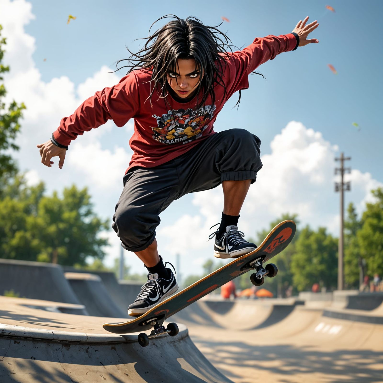 Skateboarder Jumps Toward Viewer in Skate Park