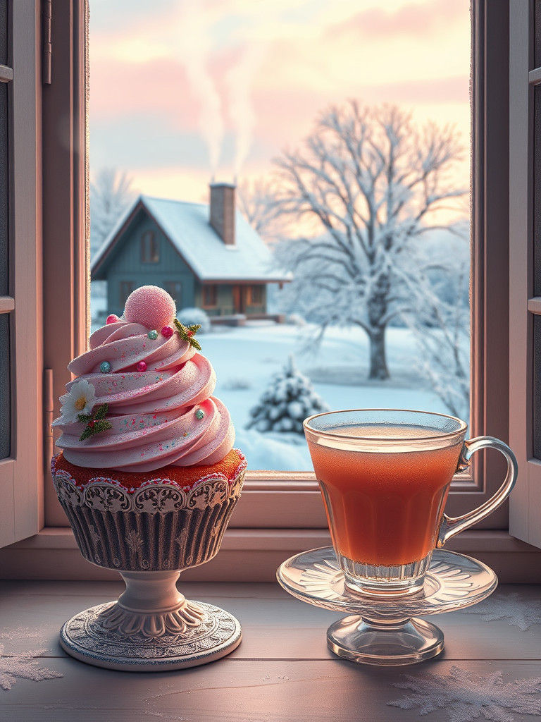 Glittering Christmas Cupcake in a Matte Painting Style