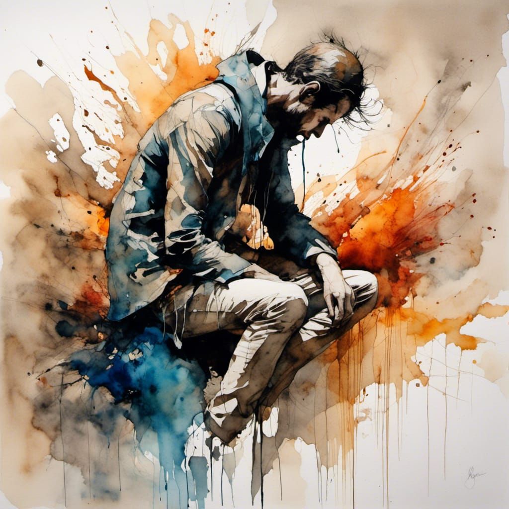 Watercolor Portrait of a Tired Man