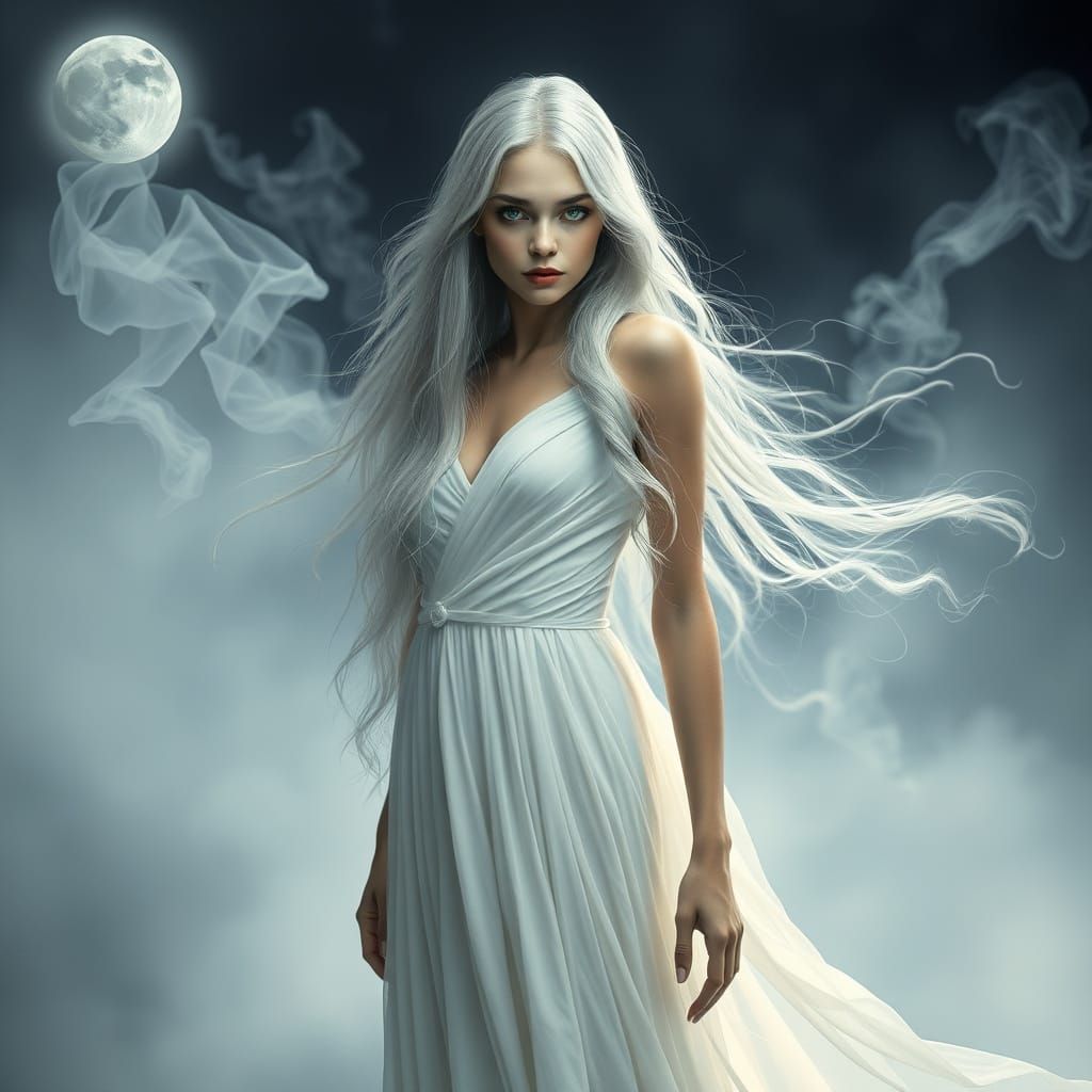 Enchanted Pre-Raphaelite Woman in Misty White Night