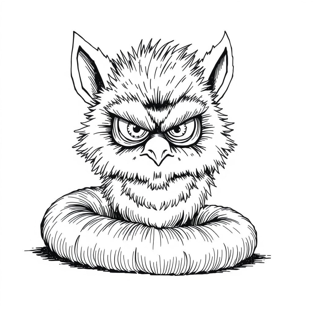 Furry Snake Furby Hybrid in Ink Line Drawing