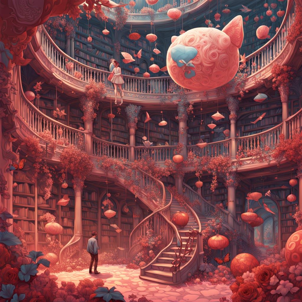 Vibrant Cave Library in Hyperrealistic Double-Exposure Art