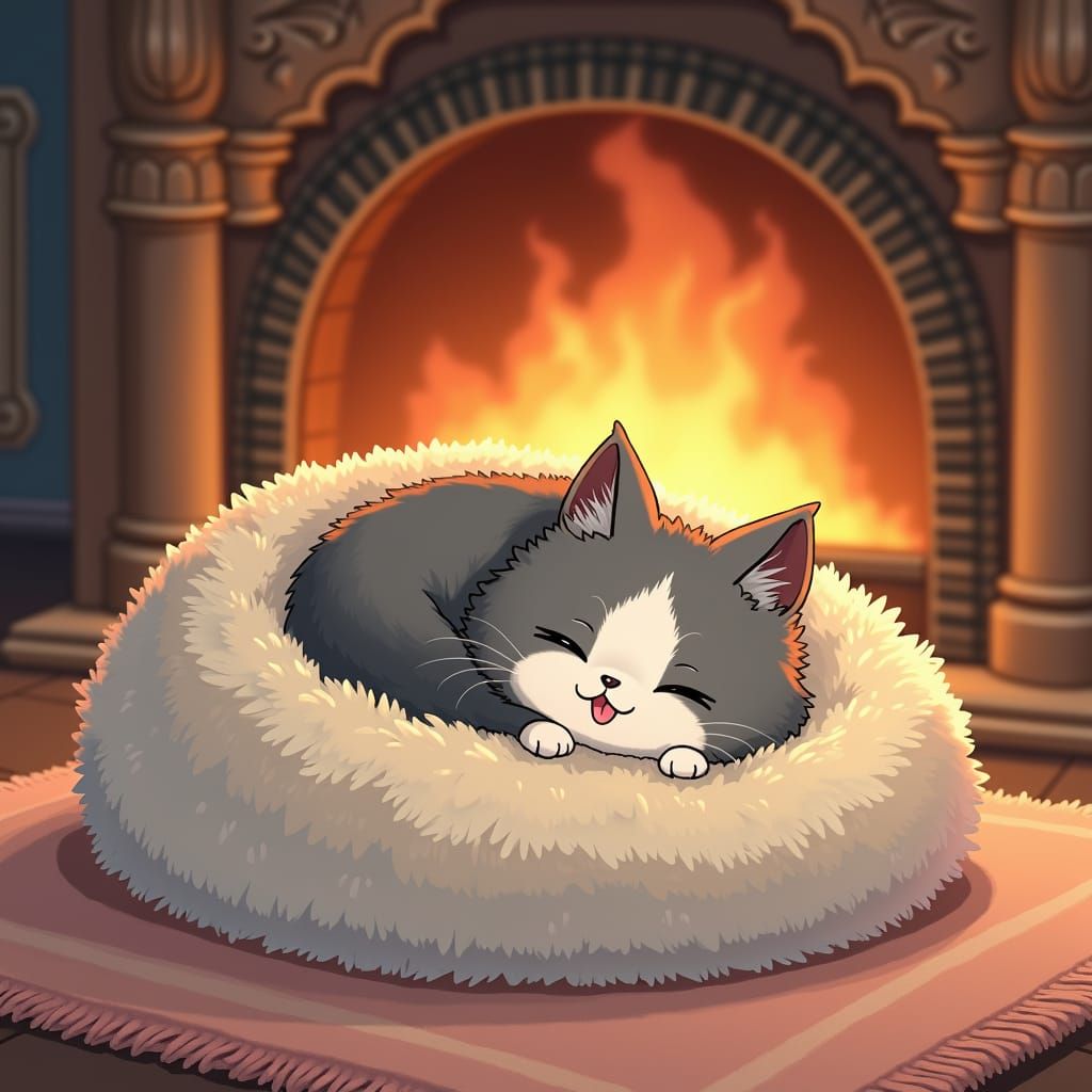 Cozy Kitty by Fireplace in Manga Anime Style