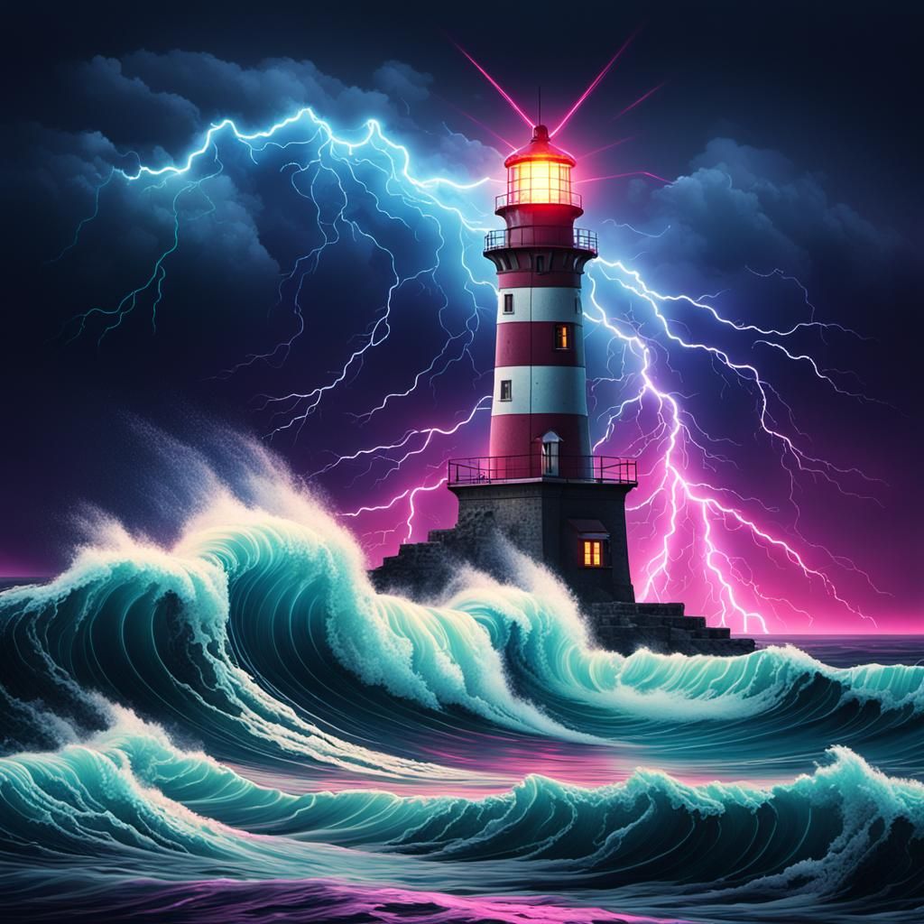 Lighthouse in Stormy Sea with Lightning, Synthwave Style