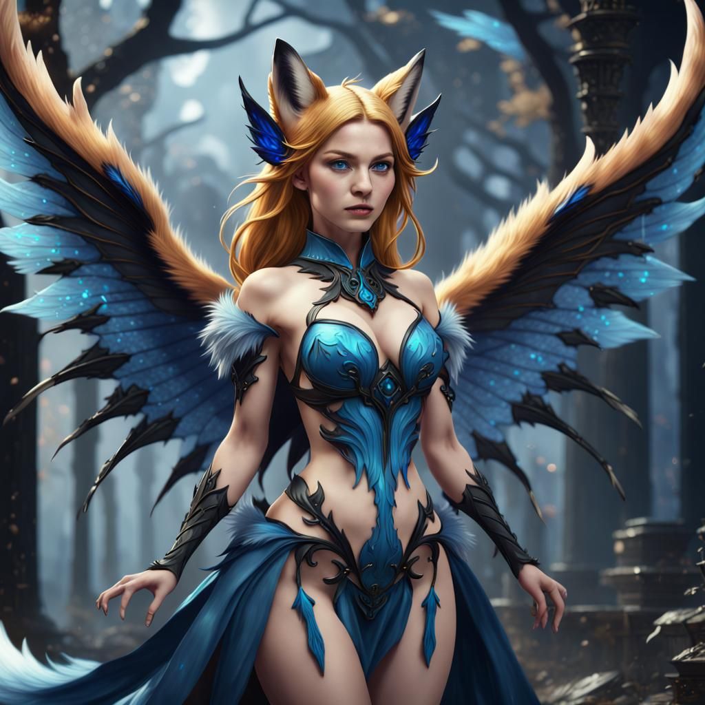 Kitsune with Black and Blue Fairy Wings