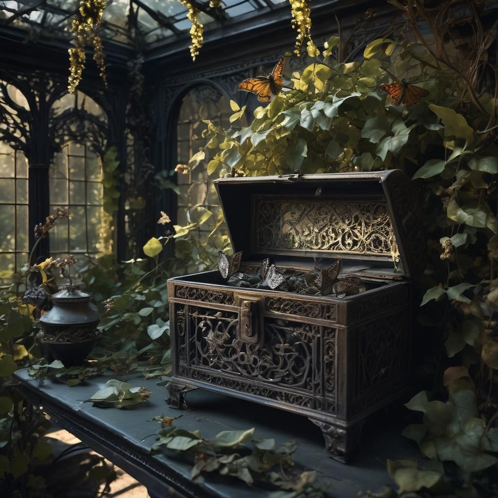 Moths Around Treasure Chest in Dark Surrealism