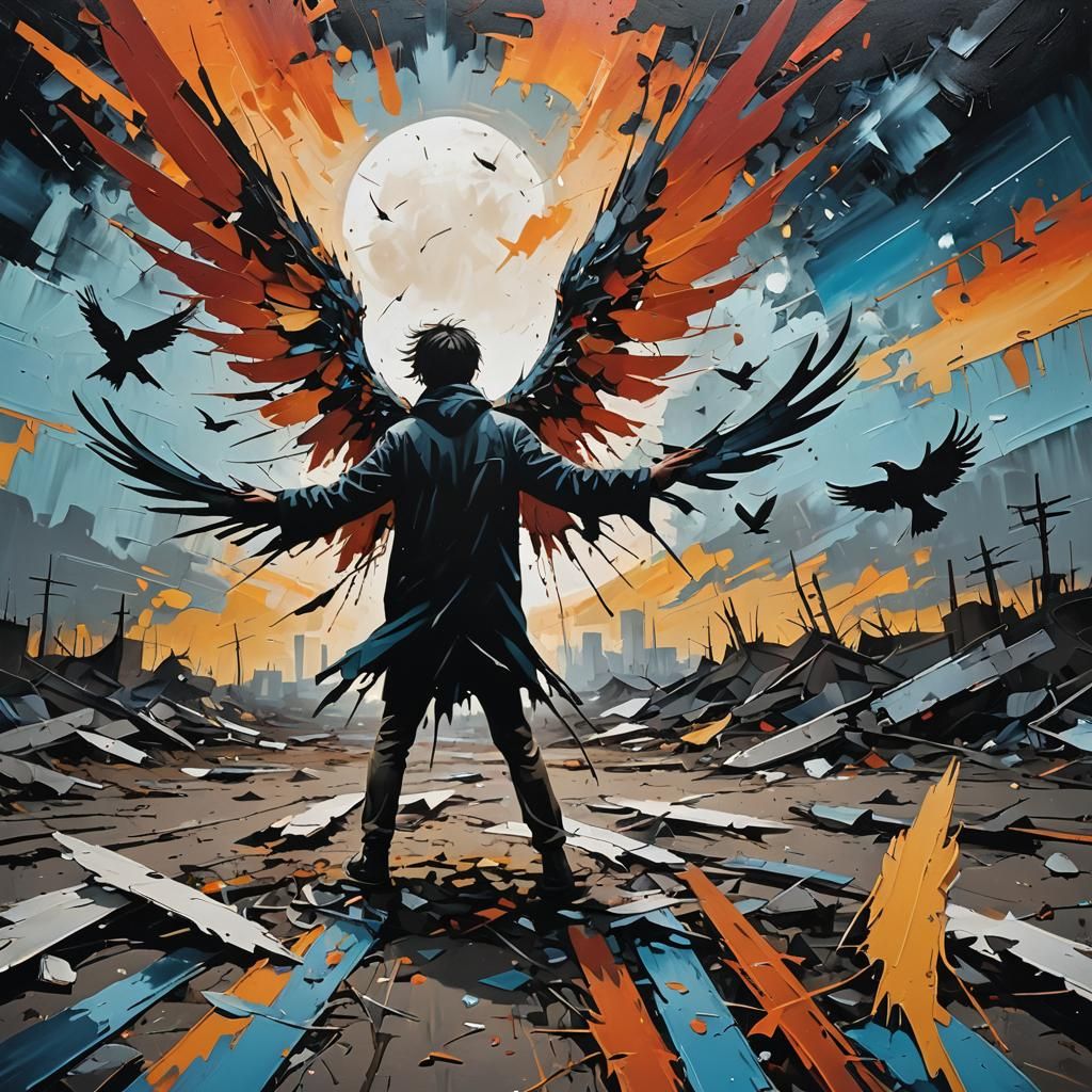 Surreal Grounded Figure with Broken Wings