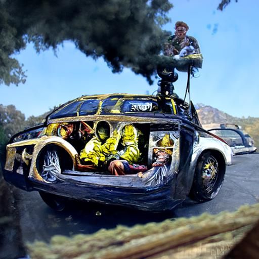 Men Hotboxing in Car, Oil Painting Style