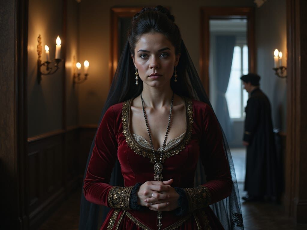 Ethereal Baroque Noblewoman in Crimson Velvet
