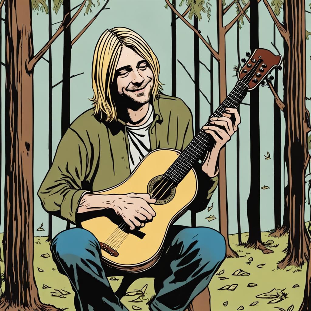 Kurt Cobain Plays Harp in Forest, Modern Comic Style