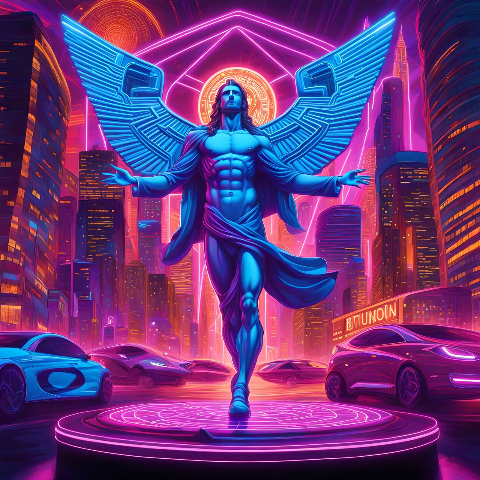 Vitruvian Man in Cyberpunk Crypto Cityscape