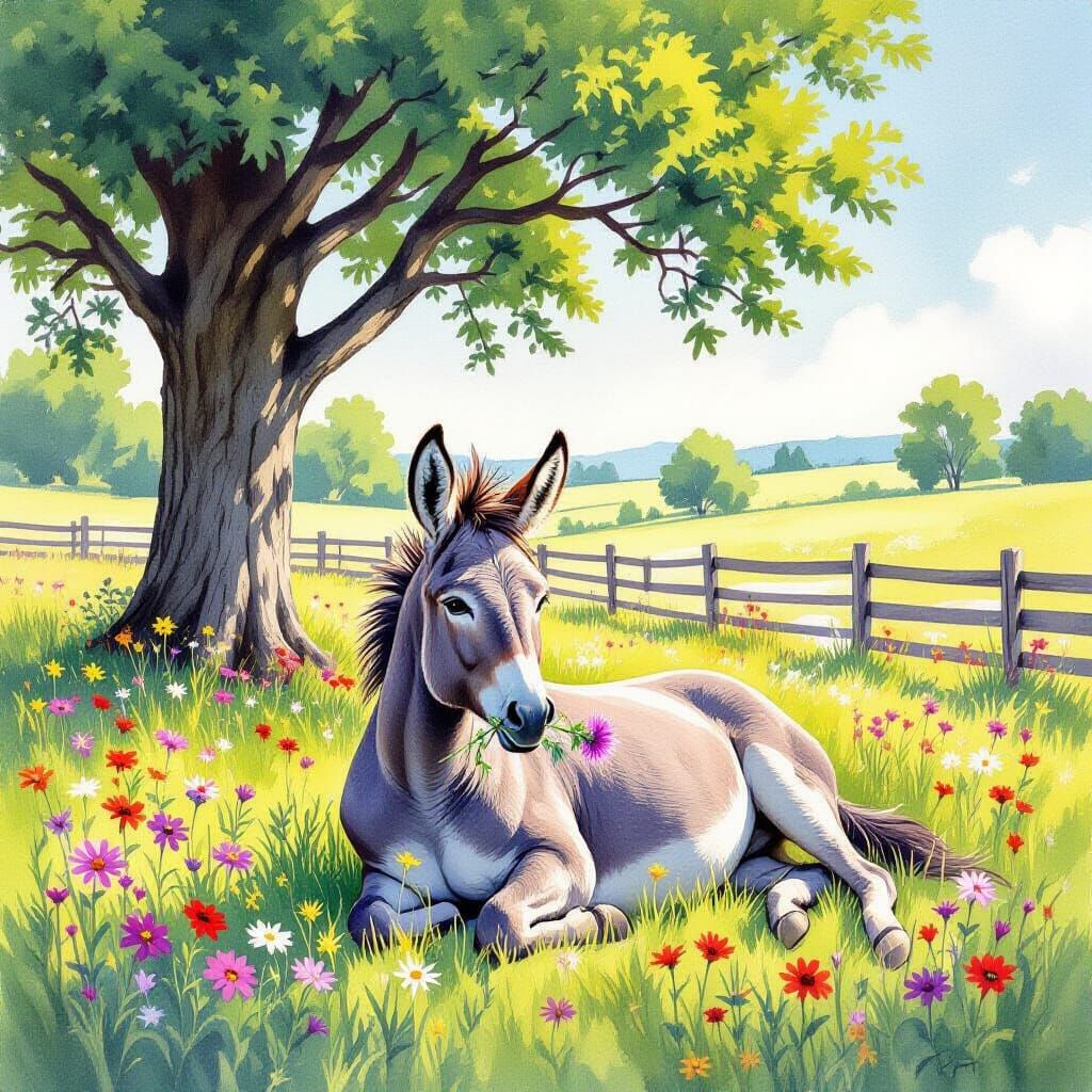 Watercolor Donkey in Wildflower Meadow on Summer Afternoon