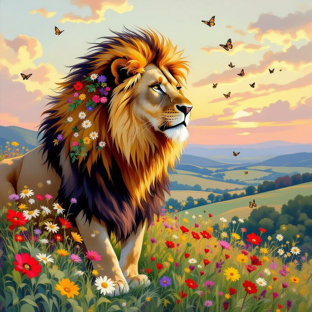 Lion with Wildflower Mane in Art Nouveau Style