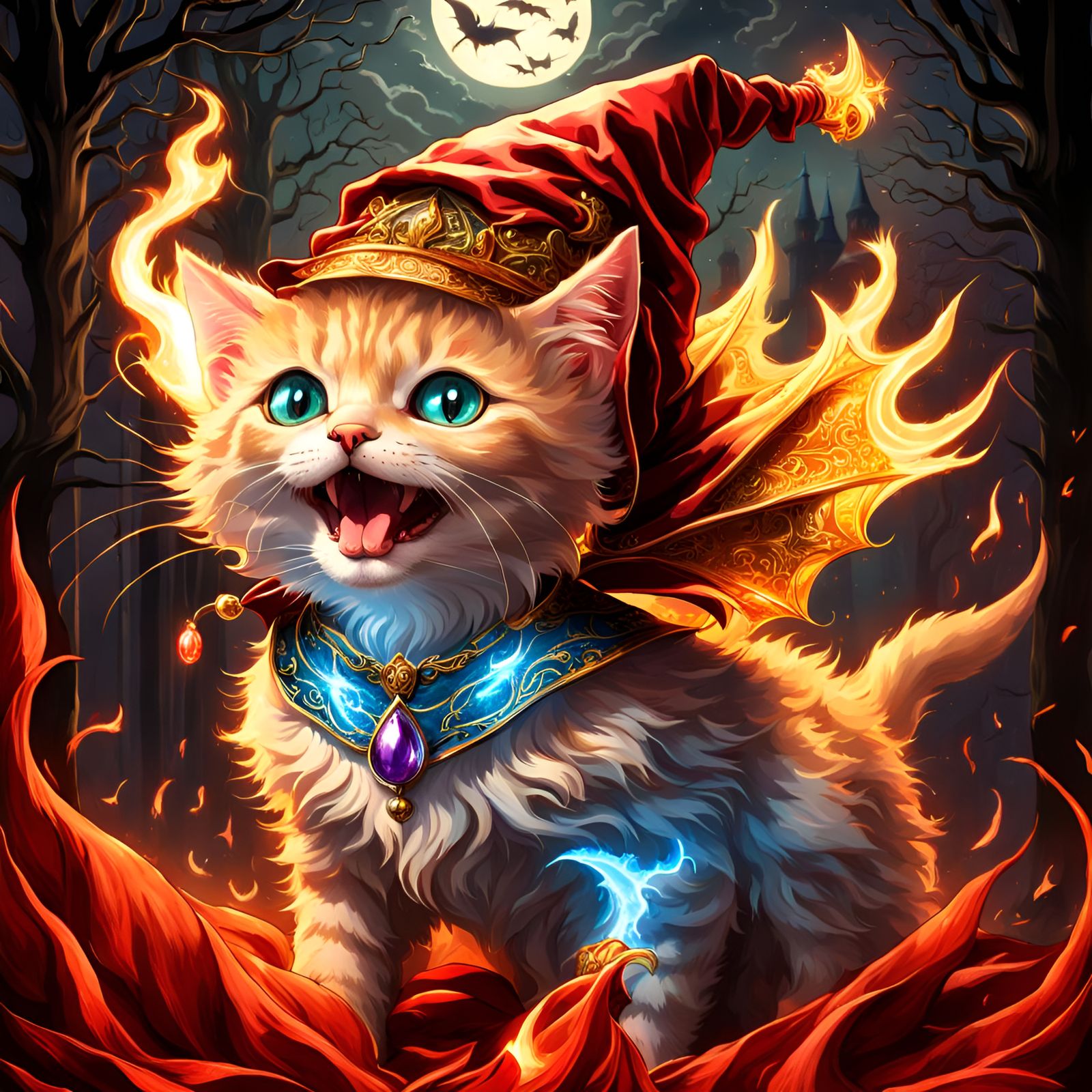 Kitten Demon Casting Magic Behind Door in Horror Style