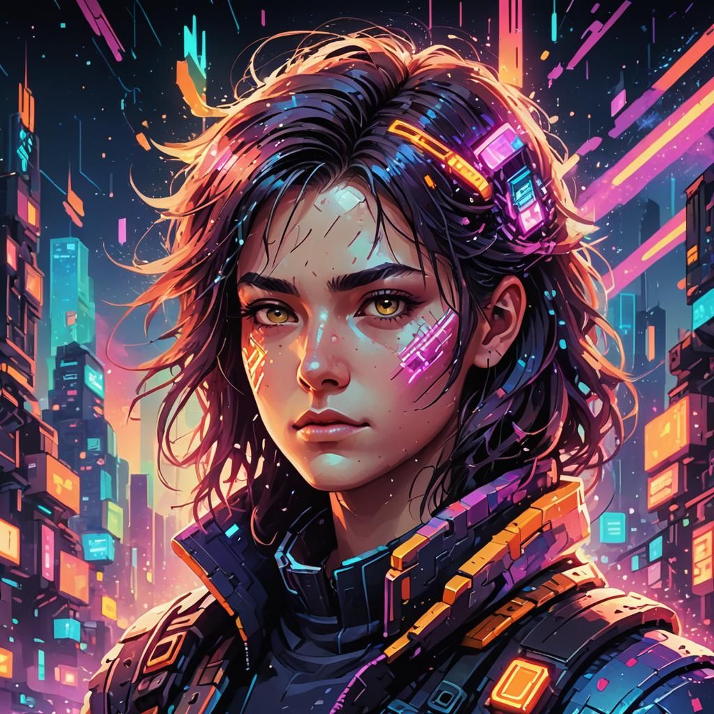 Pixel Art Adventurer in Cyberpunk Fantasy Landscape
