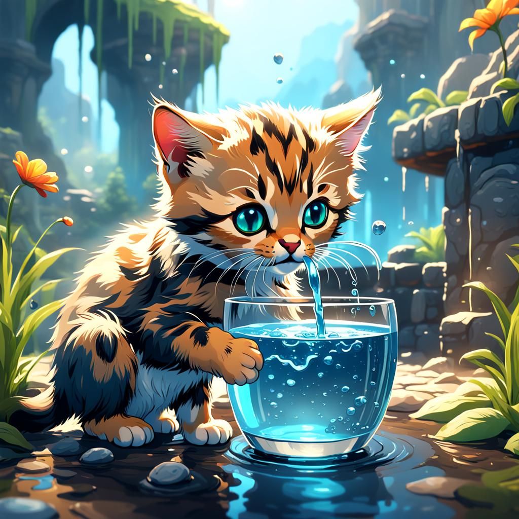 Cute Kitten Drinking Water in Detailed Matte Painting