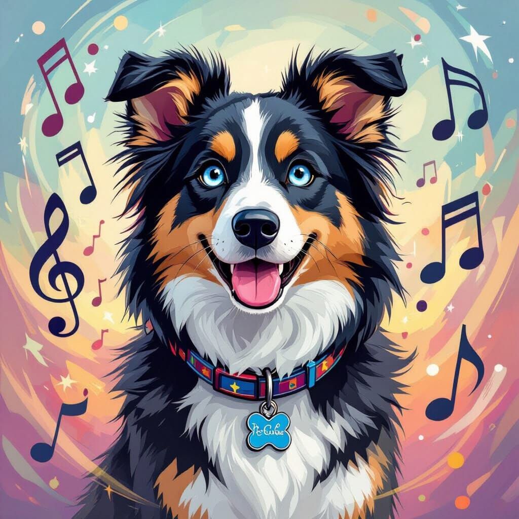 Musical Border Collie in Whimsical Style