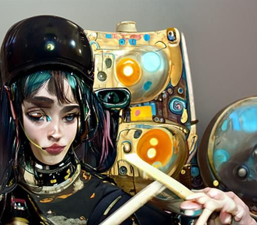 Android Girl Drummer in Dieselpunk Cyberpunk Style