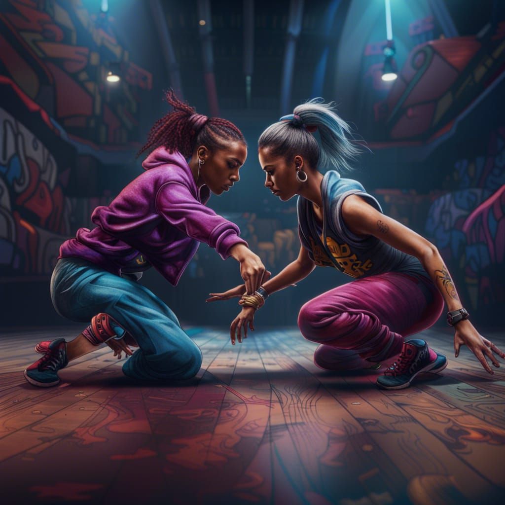 Female Breakdancers Face Off: Detailed Matte Painting