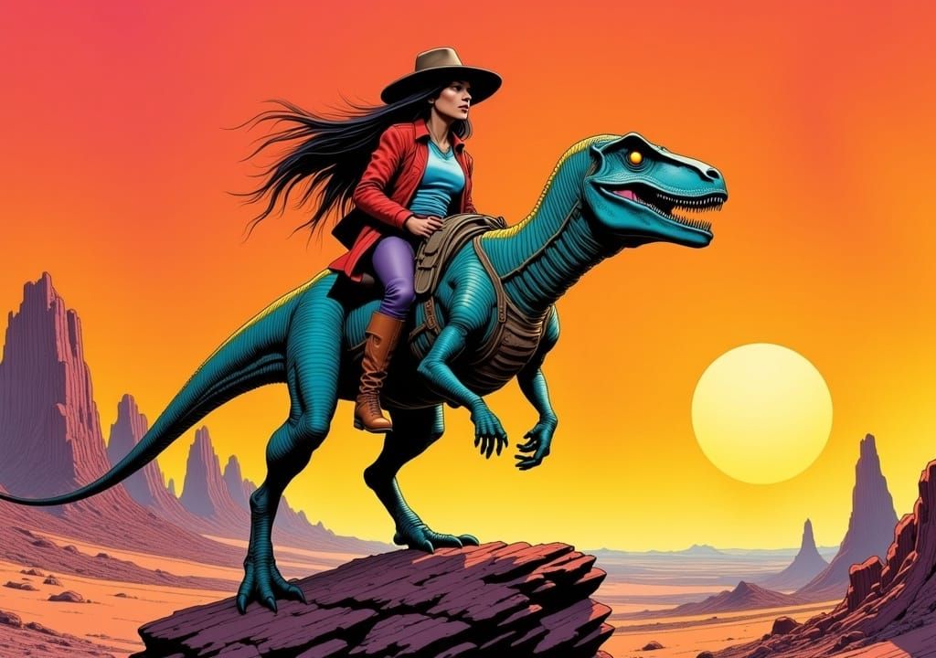 Retrofuturistic Cowgirl Rides a Velociraptor