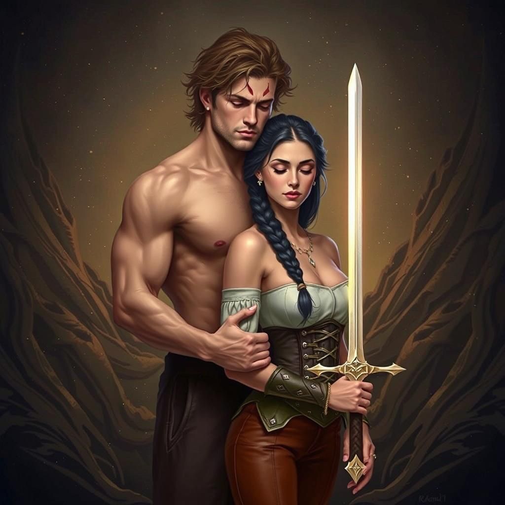 Fantasy Couple United by Sword in Ethereal Realm