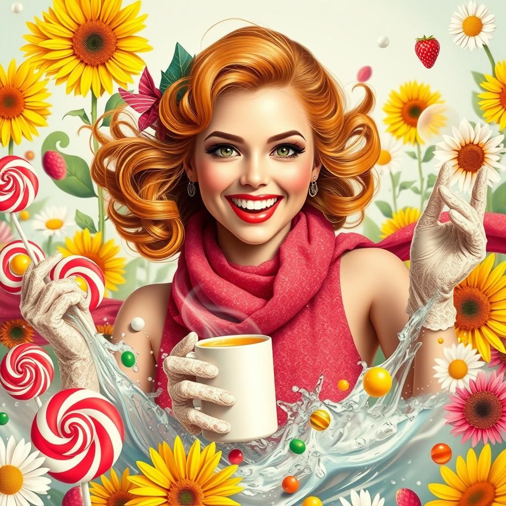 Hyperrealistic Woman in Candy Cascade, Inspired by Vintage A...