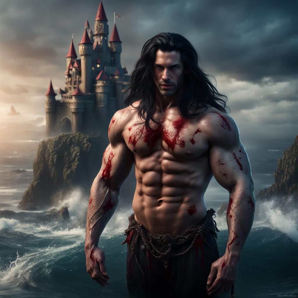 Hyperrealistic Merman with Ocean Castle Background