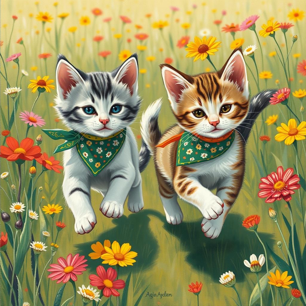 Kittens Play in Meadow, Whimsical Illustration