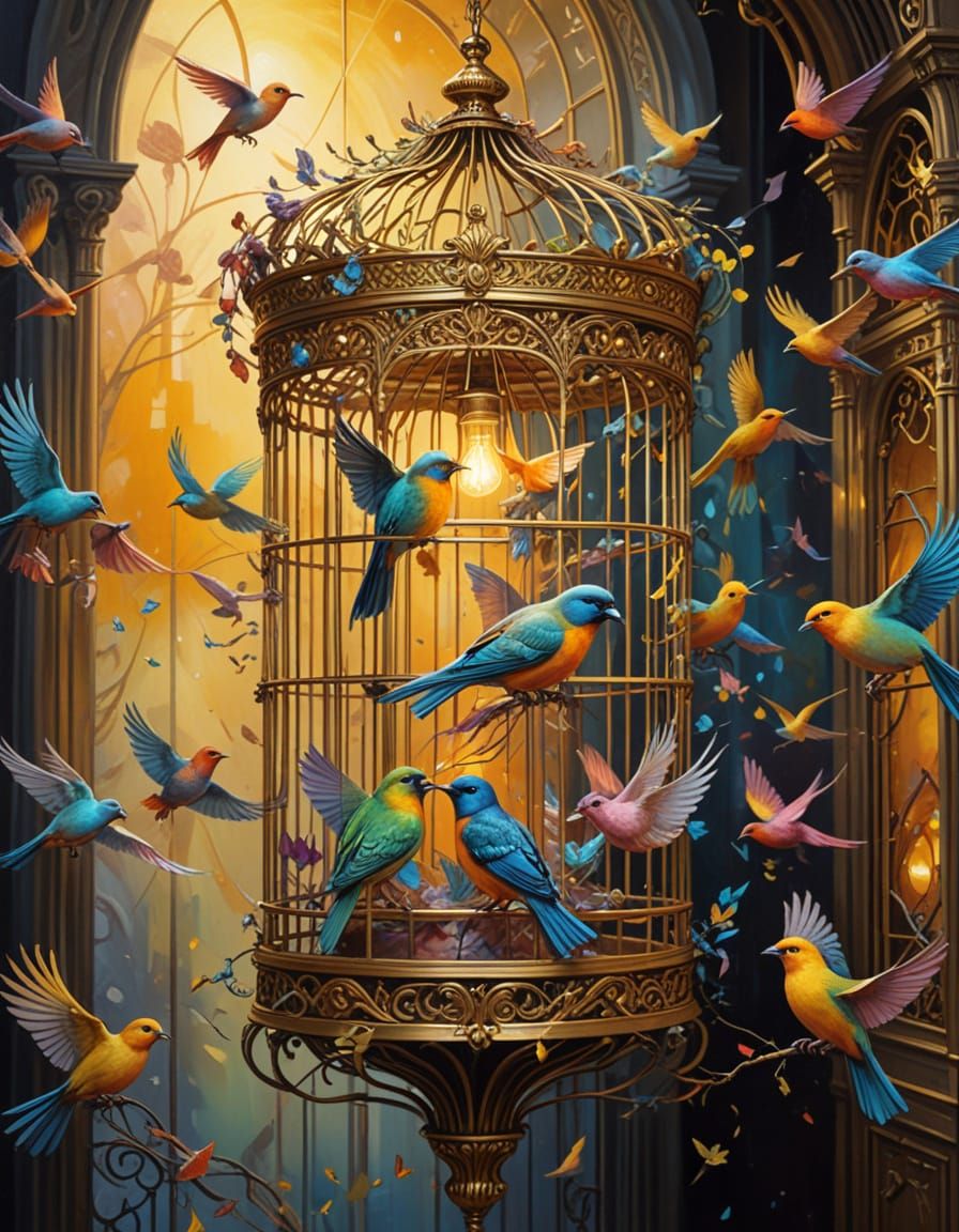 Surreal Golden Birdcage with Escaping Birds