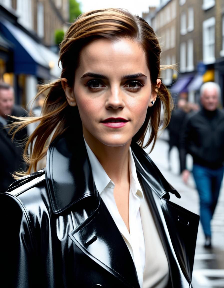 Hyperrealistic Portrait of Woman in Black Vinyl Trench Coat