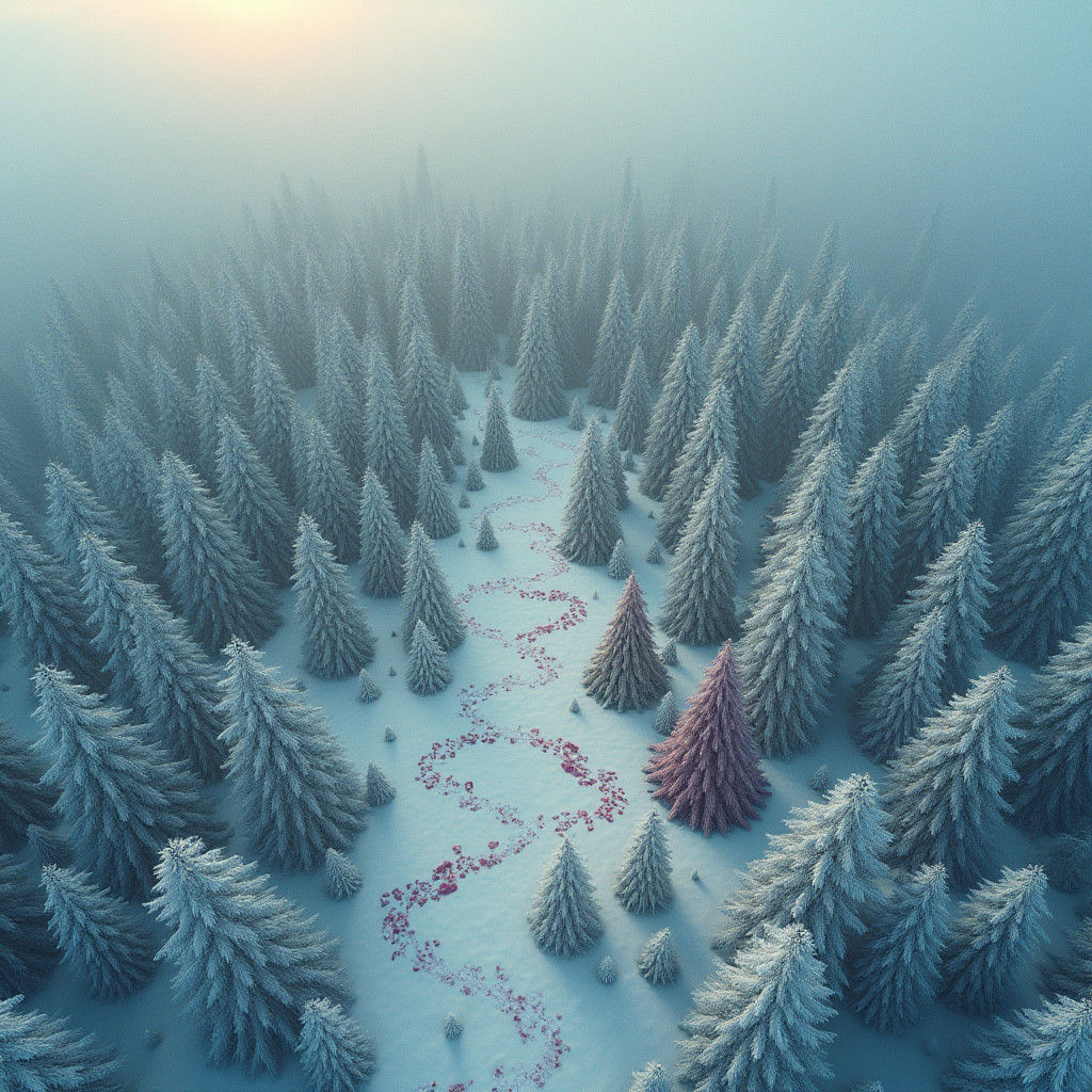 Snowy Forest Christmas Tree in Dreamlike Digital Art