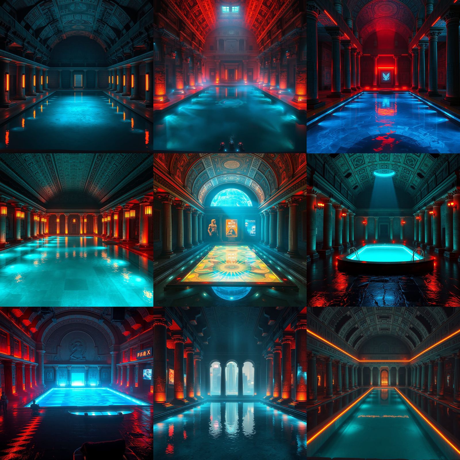 Cyberpunk Roman Bathhouse with Egyptian Motifs
