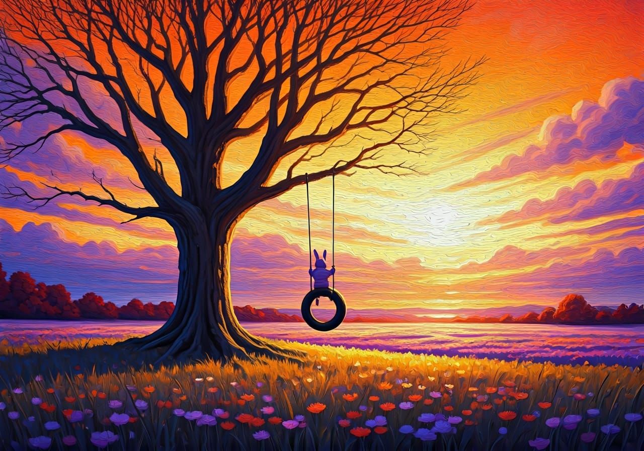 Child on Tire Swing in Surreal Landscape Painting