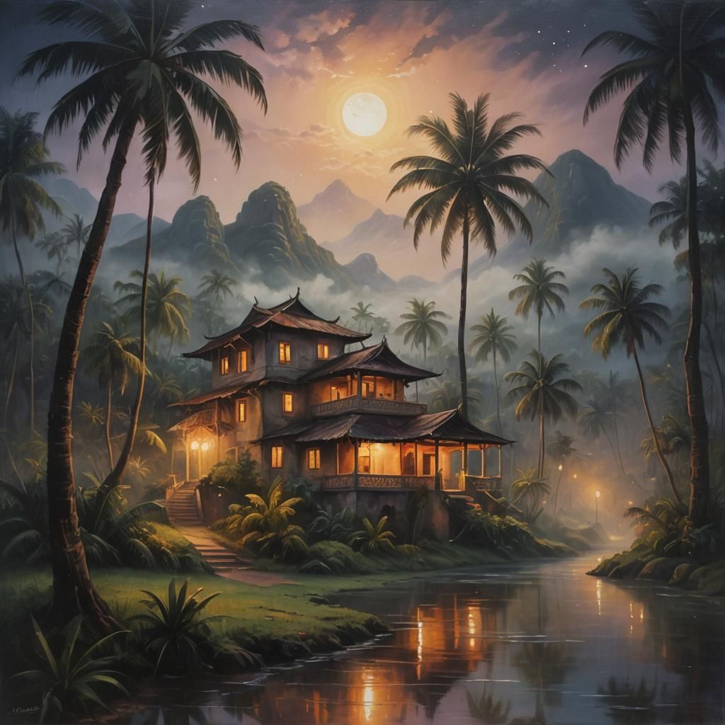 Surrealism scene of beautiful house middle of misty forest. ...
