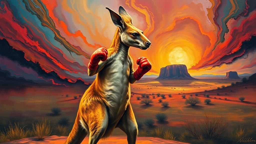 Boxing Kangaroo in Impasto Style, Heavy Metal Art