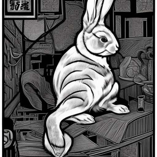 14th Century Rabbit Portrait in Linocut Style