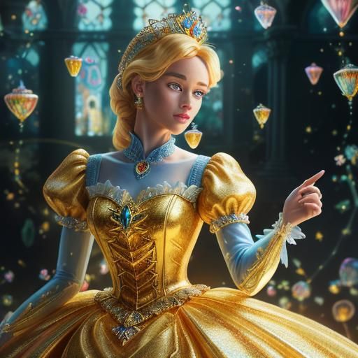 Cinderella in Glass Dress with Golden Tesla, Candy Art