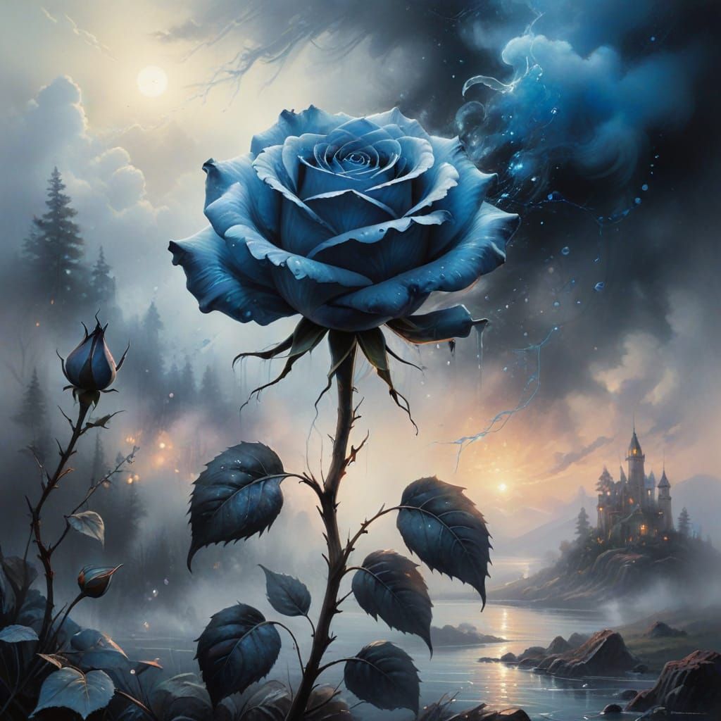 Ink Wash Rose with Ethereal Blue Wisps