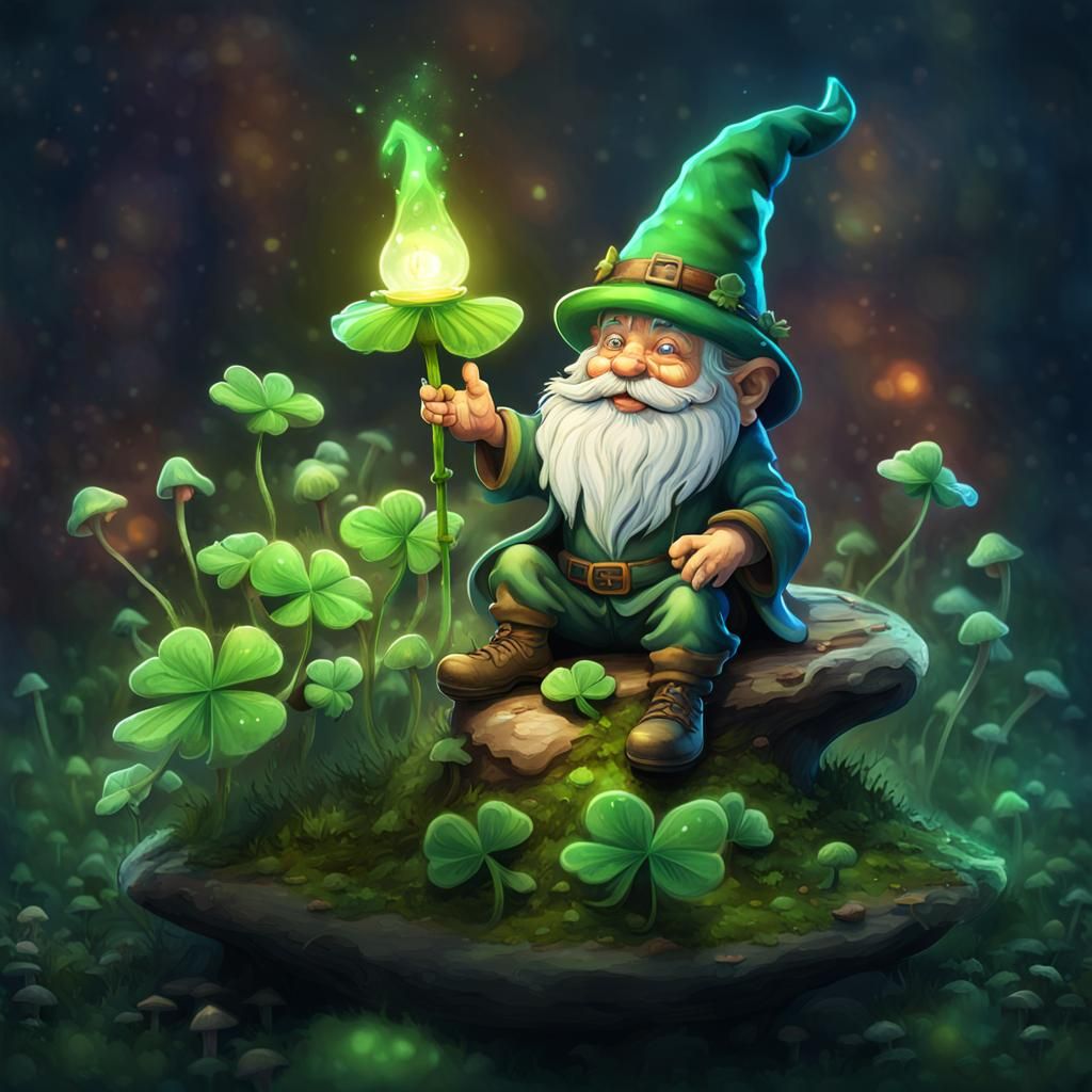 Gnome with Clover in Whimsical Watercolor Painting