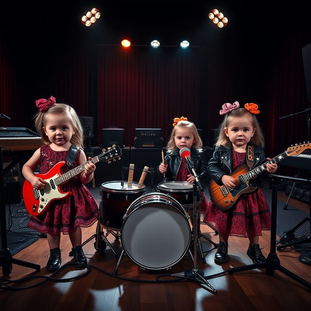 Toddler Rock Band in Dimly Lit Recording Studio