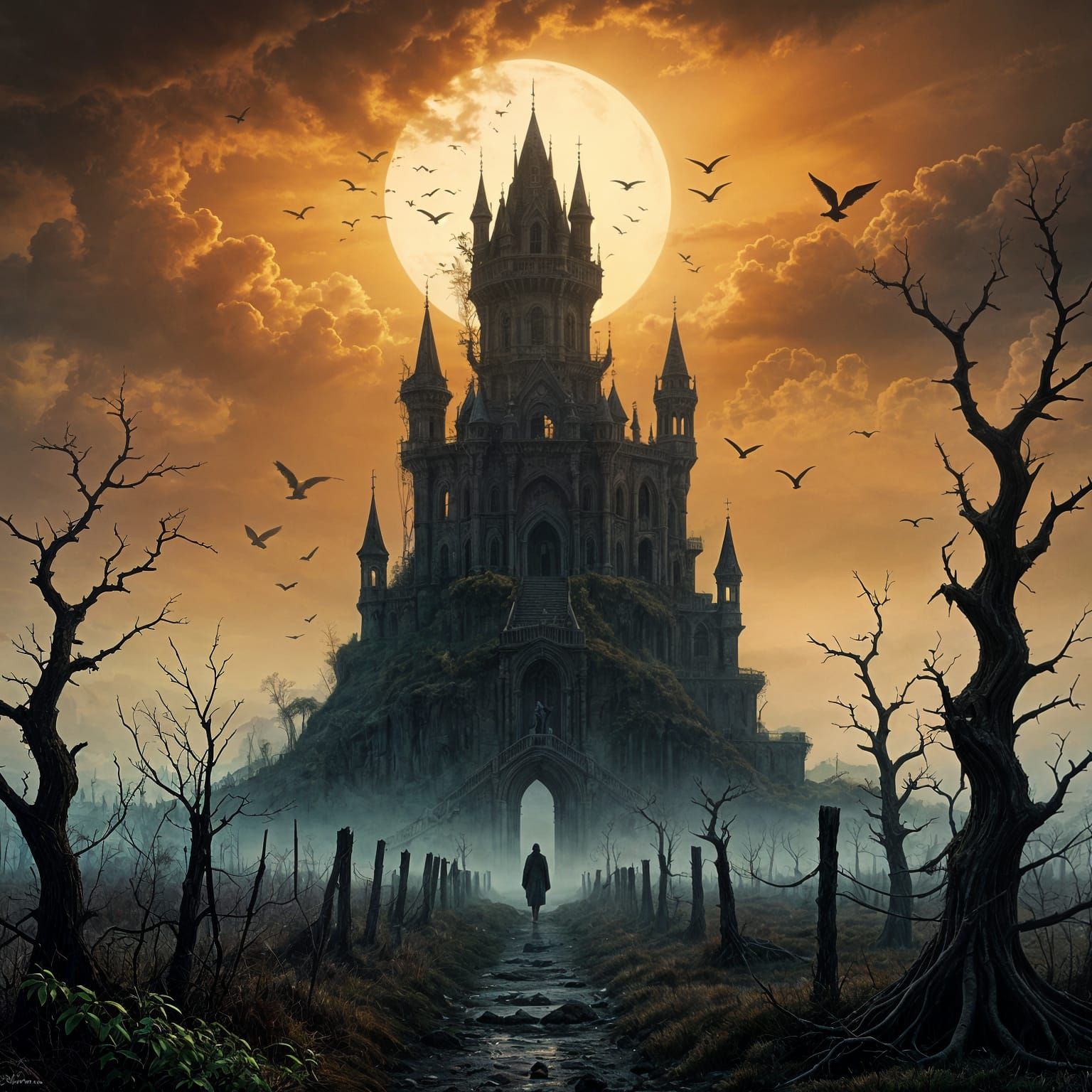 Dark Futuristic Castle in a Gothic Landscape