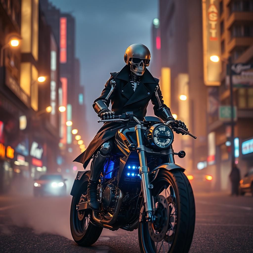 Cybernetic Skeleton Rides Neon Motorcycle in Cyberpunk City