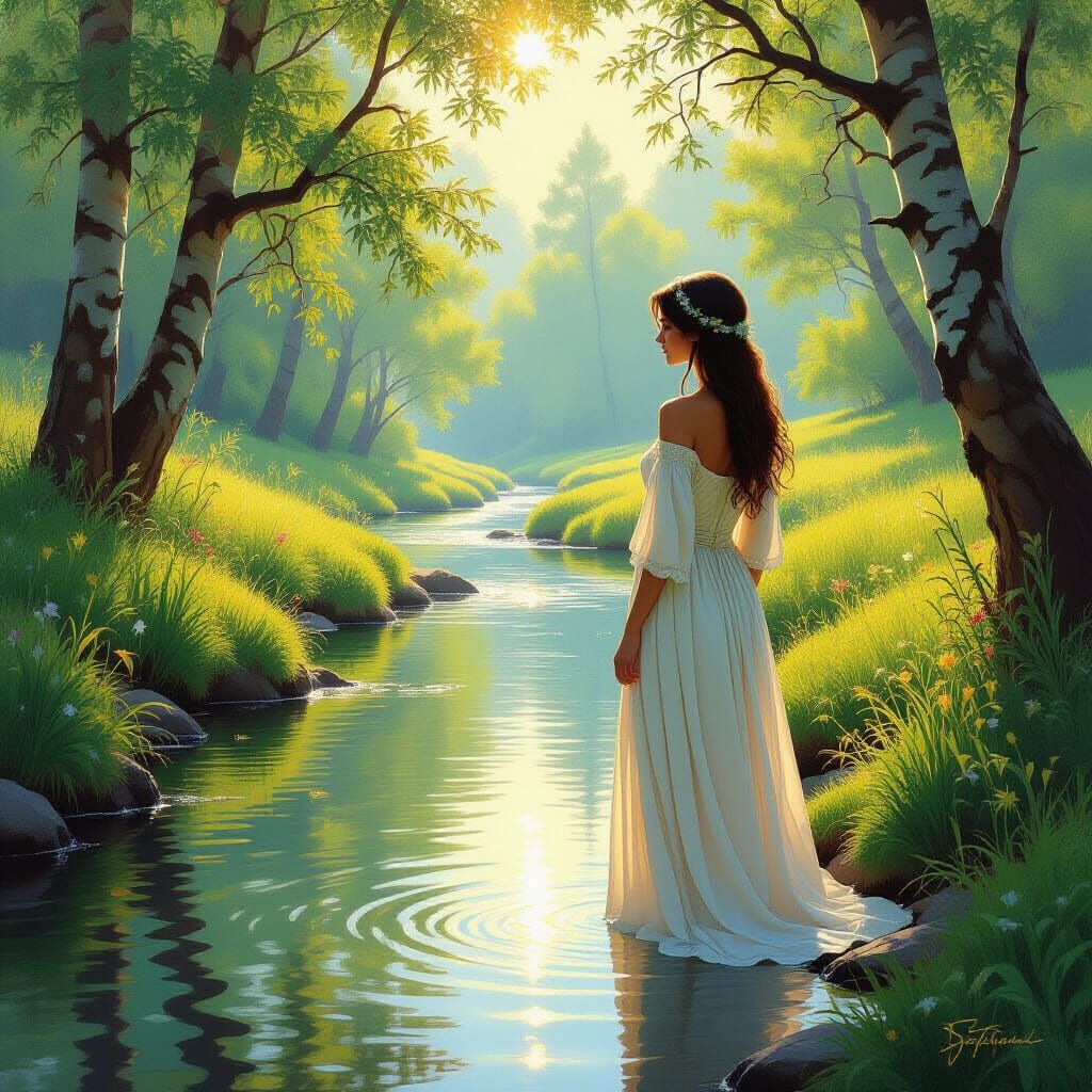 Woman in Sunlight by Creek: Whimsical Art