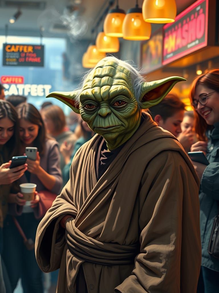 Wise Jedi Master Waits in Line