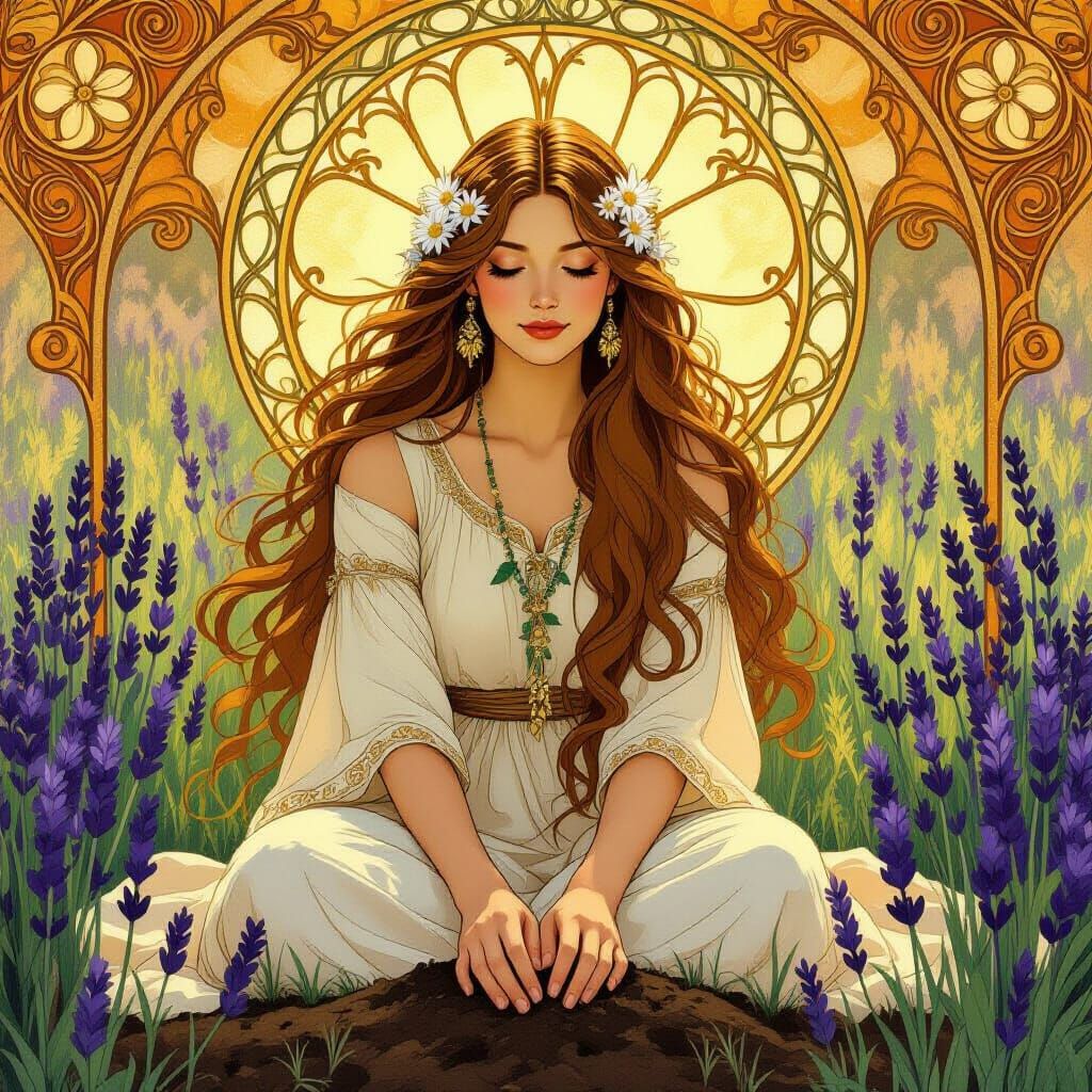Woman Channels Wisdom in Meadow, Art Nouveau Style