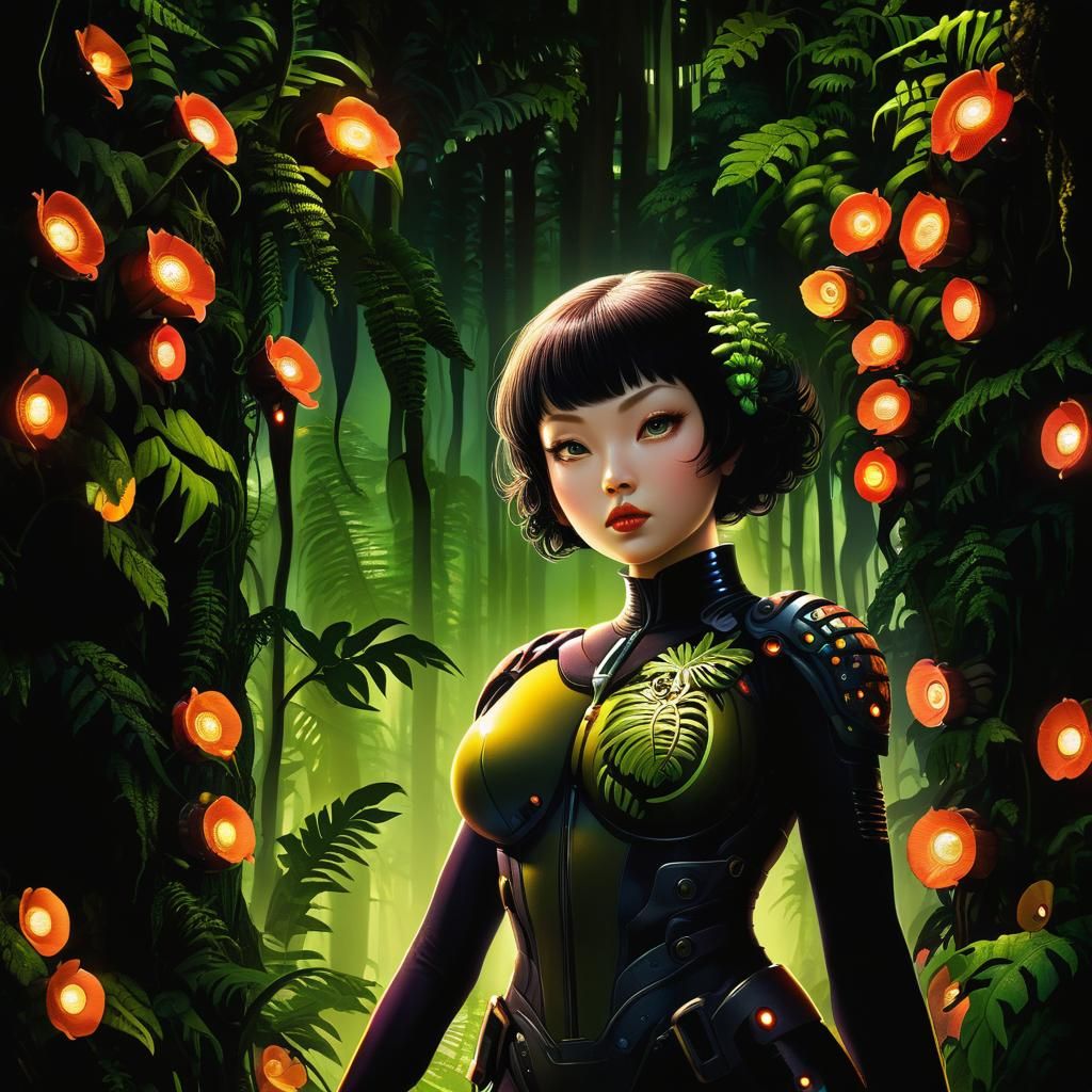 Superheroine Merges with Fern in Biomechanical Forest