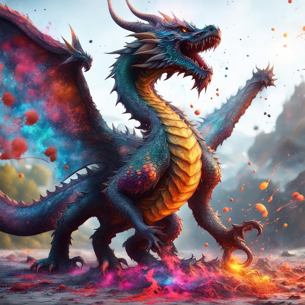 Colorful Ink Splatter Dragon: Fantasy Concept Art