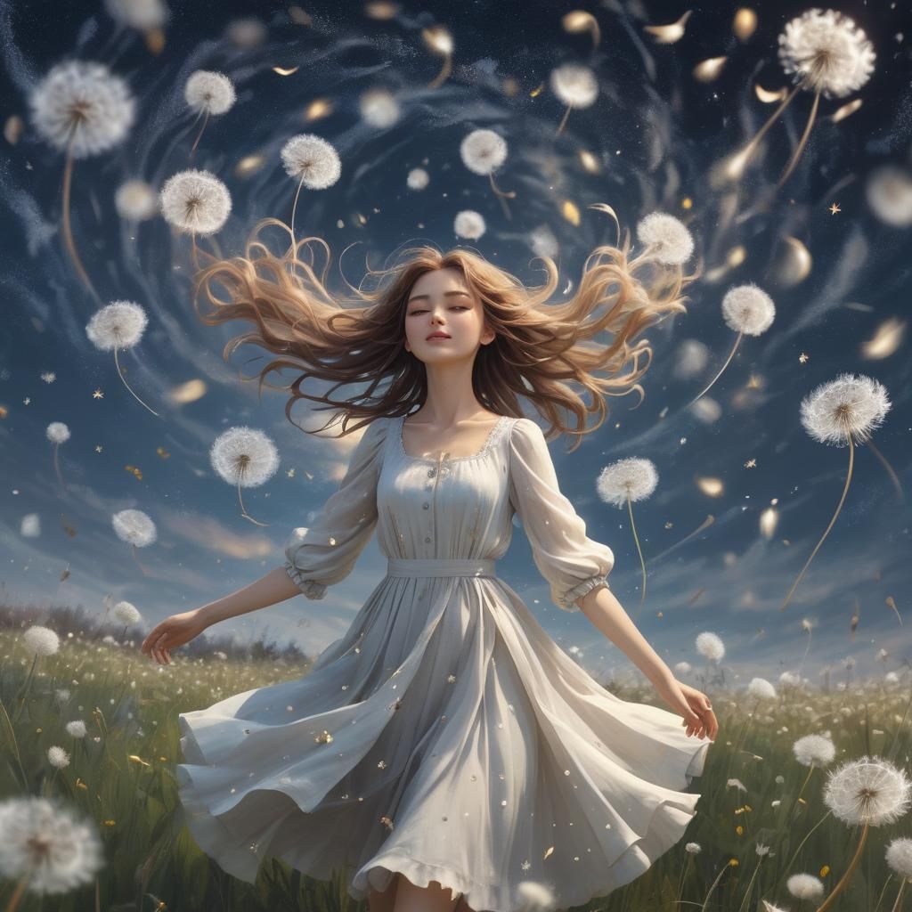 Anime Girl Dancing in Dandelion Field under Starry Sky