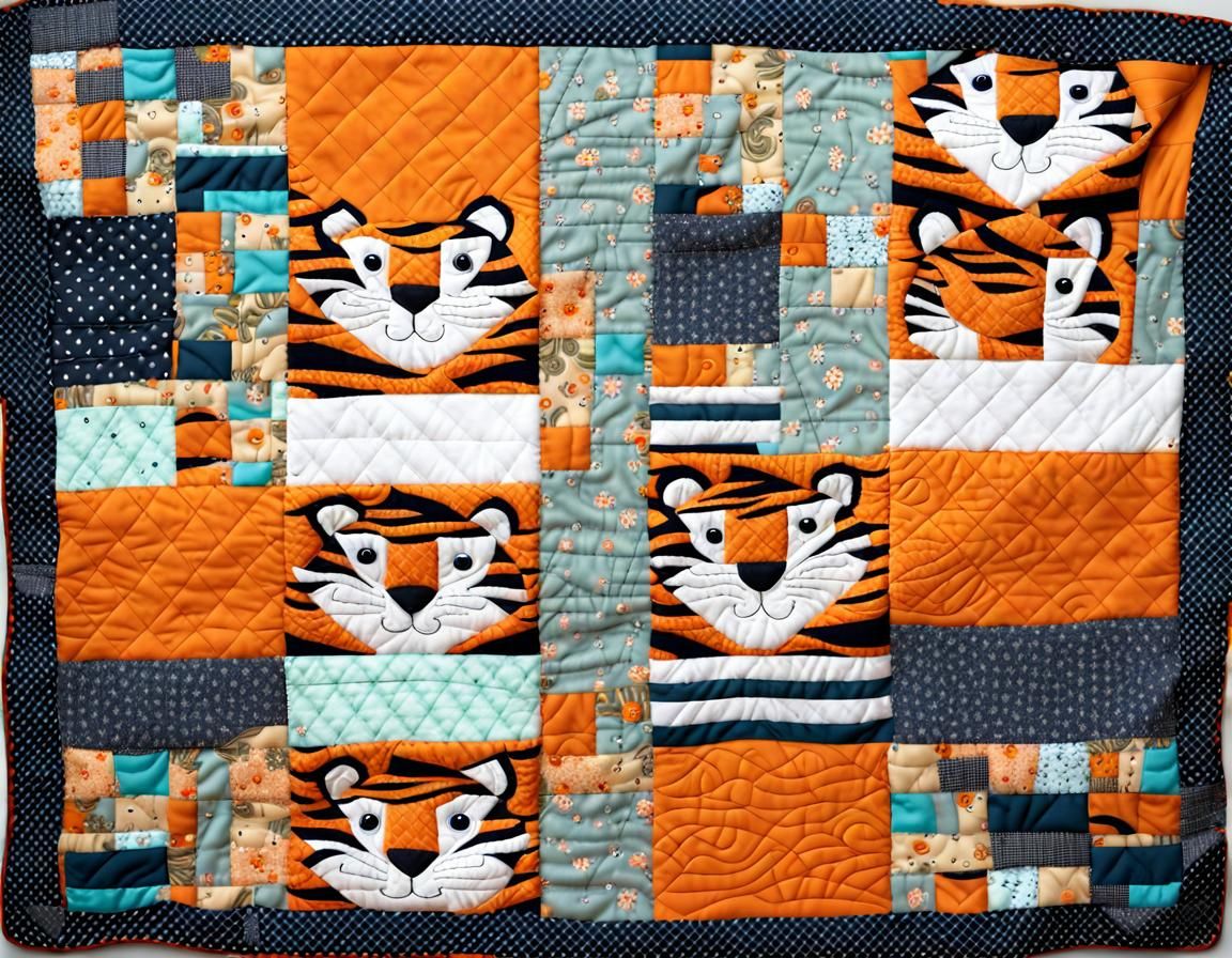Whimsical Tiger on Quilted Patchwork Blanket
